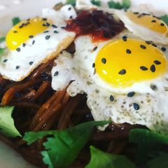 A picture of Quail eggs with rice noodles.