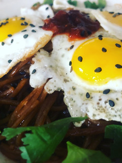 A picture of Quail eggs with rice noodles.