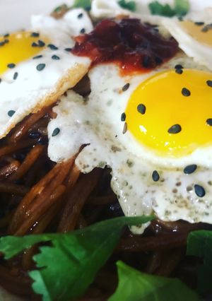A picture of Quail eggs with rice noodles.