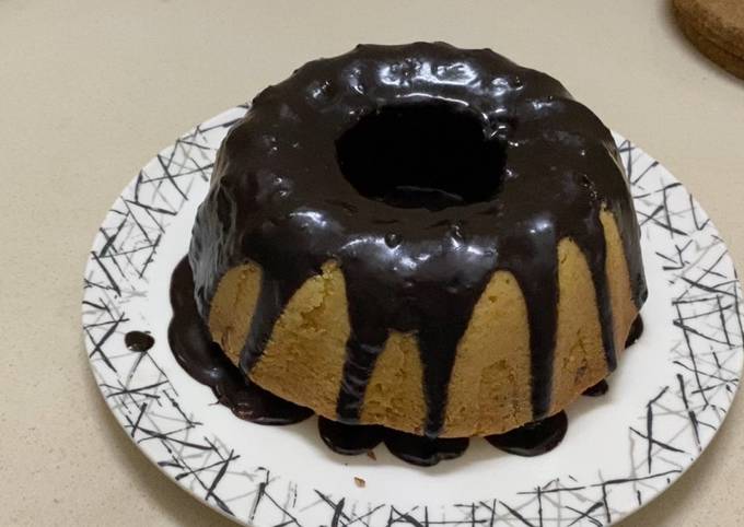 Bunt pan pound cake with chocolate ganache