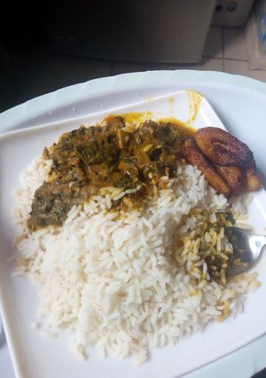 A picture of White Rice and banga stew.