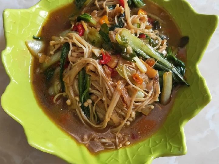 Easy Steps to Prepare Tumis jamur Enoki sawi daging saus tiram the Delicious So Delicious