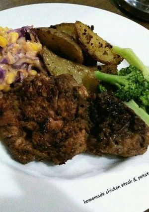 Foto resep Chicken steak, salad, & potato wedges