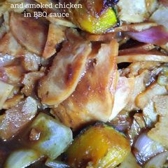 A picture of Caramelized Kabocha and Smoked Chicken in BBQ sauce.