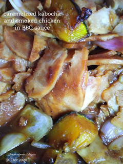 A picture of Caramelized Kabocha and Smoked Chicken in BBQ sauce.
