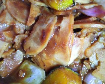 Without Fail Make Recipe Caramelized Kabocha and Smoked Chicken in BBQ sauce Delicious Simple