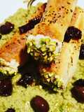 Cauliflower Pistachio Cannoli on a Bed of Broccoli and Anchovies