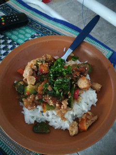 Una foto de Wok de pollo y verduras con arroz