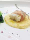 Filetto di baccalà, con polentina al latte e lardo di colonnata, e cime di rape