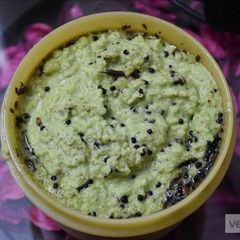 Coconut and coriander leaves chutney without garlic A picture of Coconut and coriander leaves chutney without garlic.