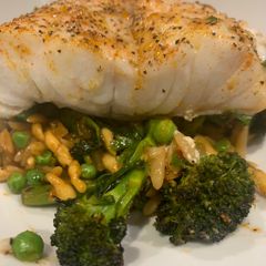 A picture of Quick smokey cod, greens and orzo.