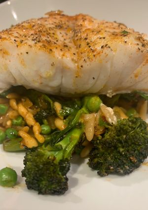 A picture of Quick smokey cod, greens and orzo.