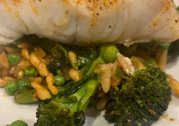 Simple Way to Make Favorite Quick smokey cod, greens and orzo