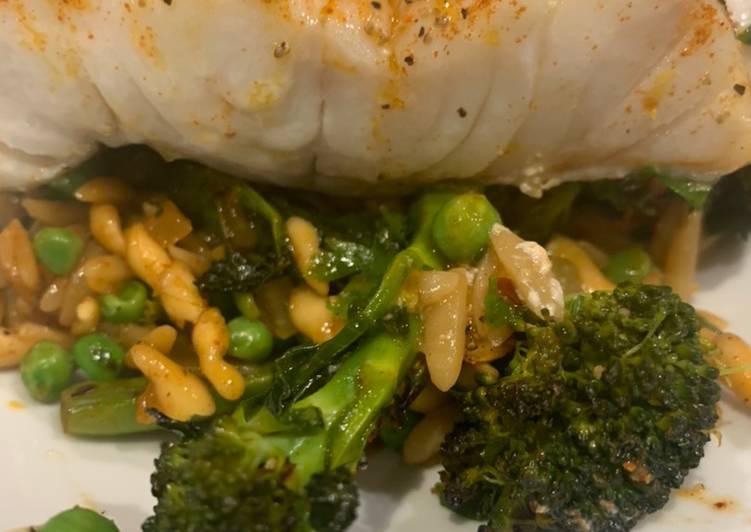 Steps to Prepare Speedy Quick smokey cod, greens and orzo