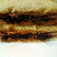 A picture of Peanut butter raisins and jelly.
