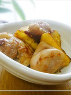 A picture of Braised Sweet Potato & Chicken with Butter and Miso.