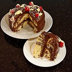 A picture of Vanilla and Chocolate Striped Butter Layer Cake.