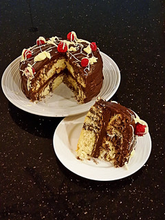 A picture of Vanilla and Chocolate Striped Butter Layer Cake.