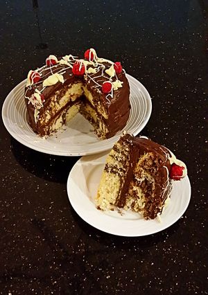 A picture of Vanilla and Chocolate Striped Butter Layer Cake.