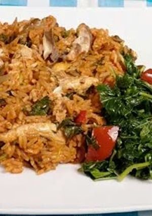 A picture of Jollof rice with spinach.