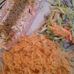 A picture of Salmon w/ Parmesan orzo & Broccoli Salad.