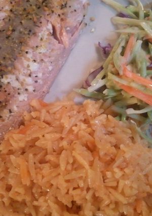 A picture of Salmon w/ Parmesan orzo & Broccoli Salad.