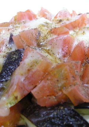 A picture of Italian-Style Eggplant and Tomatoes in 5 Minutes in the Microwave.