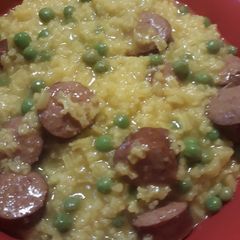 A picture of Sausage and Yellow Rice Soup.