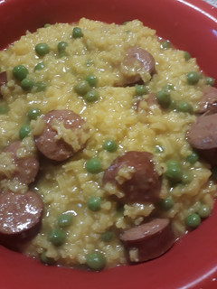 A picture of Sausage and Yellow Rice Soup.