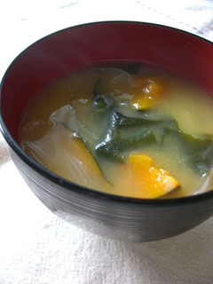 A picture of Miso Soup with Kabocha Squash and Onion.