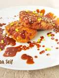 Fried crispy chicken with chocolate sauce