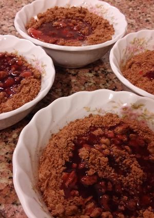 A picture of Cherry juice pudding with chocolate biscuits.