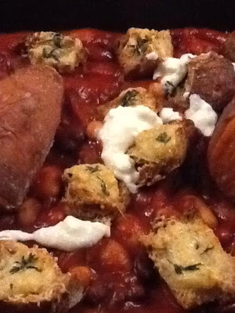 Easy Way Make Recipe Smoked baked beans w cheesy croutons and sweet potato that is Delicious, Addictive}