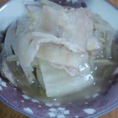 A picture of Thickly Simmered Pork Belly, Napa Cabbage, and Bean Sprouts.
