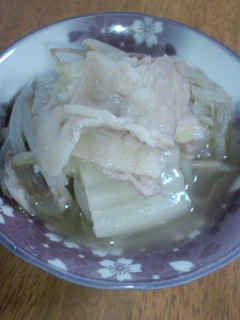 A picture of Thickly Simmered Pork Belly, Napa Cabbage, and Bean Sprouts.