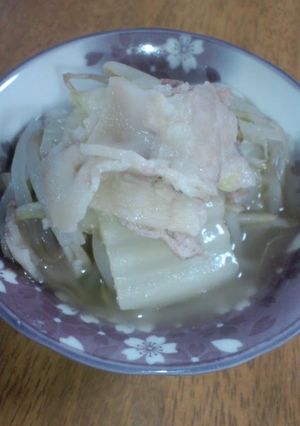 A picture of Thickly Simmered Pork Belly, Napa Cabbage, and Bean Sprouts.