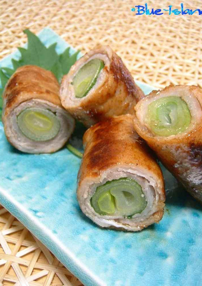 A picture of Leek & Shiso Pork Wraps with Soy Sauce and Butter.
