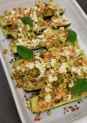 Une photo de °Gratin de courgettes brocolis saumon et feta°