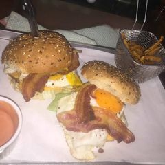 Fancy chicken egg and bacon burgers A picture of Fancy chicken egg and bacon burgers.
