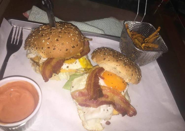Fancy chicken egg and bacon burgers