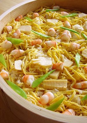 A picture of Bamboo Shoot and Shrimp Chirashi Sushi.