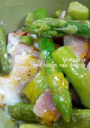 A picture of Asparagus and Bacon with Soft Set Eggs.