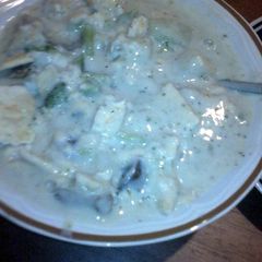 A picture of potato mushroom brocoli soup.