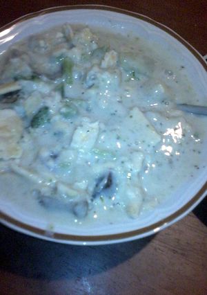 A picture of potato mushroom brocoli soup.