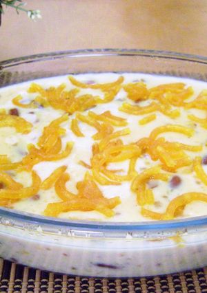 A picture of Sago Custard with Peanut Chikki & Jalebis.
