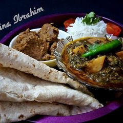 A picture of Bihari boti, Aloo palak, Plain Rice and Chapati.