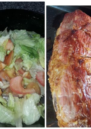 Una foto de Peceto al horno con ensalada