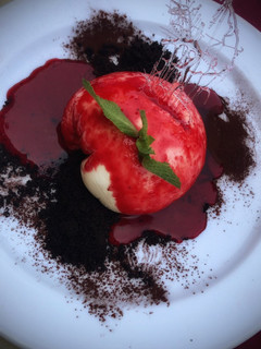 Una foto de Gazpacho de arándanos con helado de nata (en Thermomix)