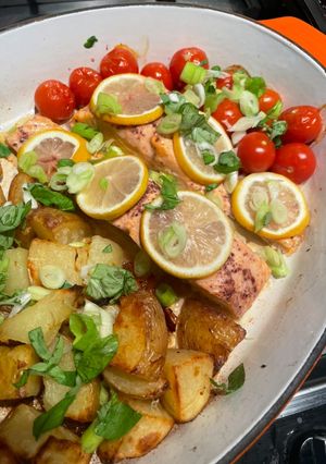 A picture of Sumac & Lemon Trout Traybake 🍋.