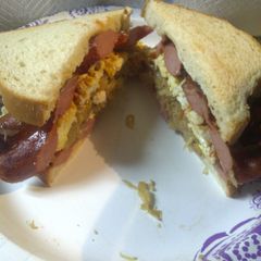 A picture of Sauerkraut, hotdog, egg sandwich.